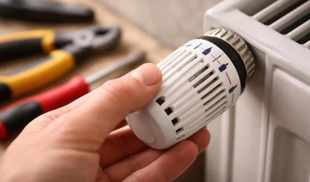 main-thermostat-radiateur-arriere-plan-flou