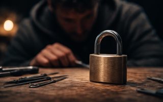 cadenas-solide-surface-bois-outils-flous