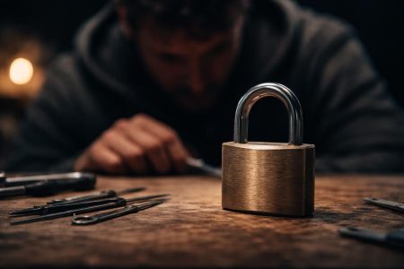 cadenas-solide-surface-bois-outils-flous
