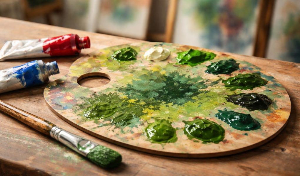 palette-peinture-nuances-vert-pinceau