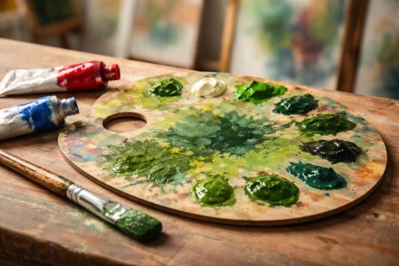 palette-peinture-nuances-vert-pinceau