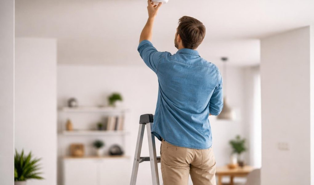 homme-echelle-detecteur-fumee-plafond