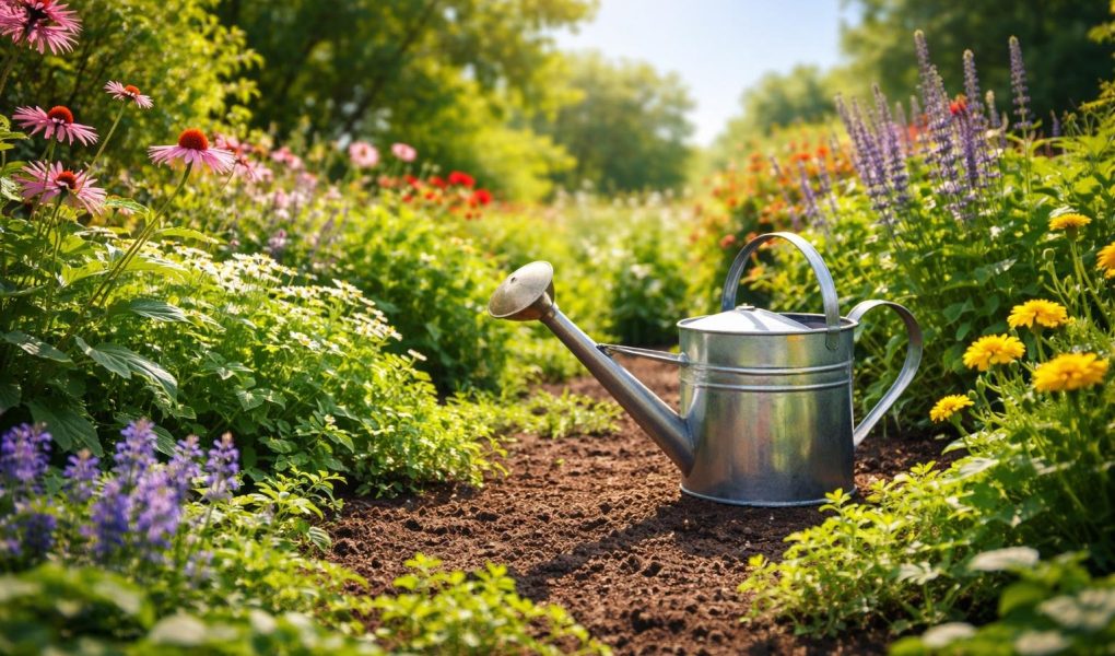 jardin-luxuriant-arrosoir-ciel-ensoleille