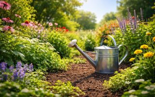 jardin-luxuriant-arrosoir-ciel-ensoleille