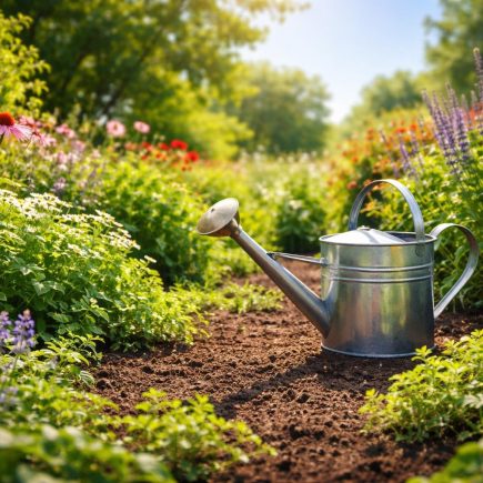 jardin-luxuriant-arrosoir-ciel-ensoleille