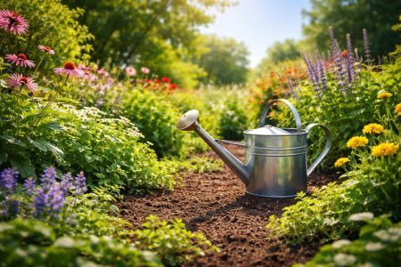 jardin-luxuriant-arrosoir-ciel-ensoleille