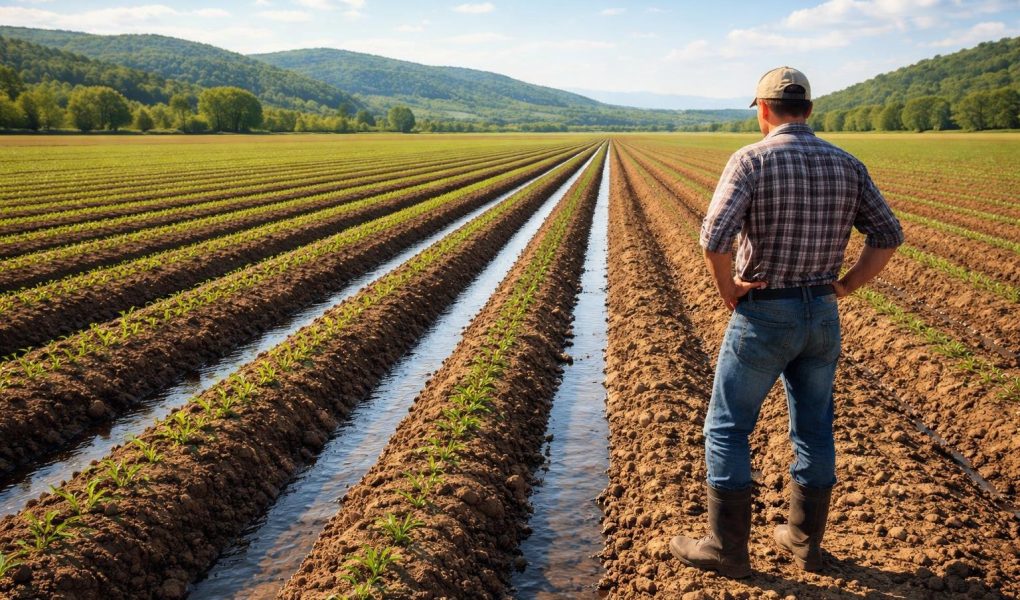 agriculteur-terrain-rigoles-collines-ciel