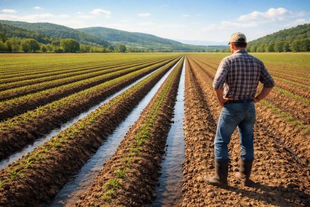 agriculteur-terrain-rigoles-collines-ciel