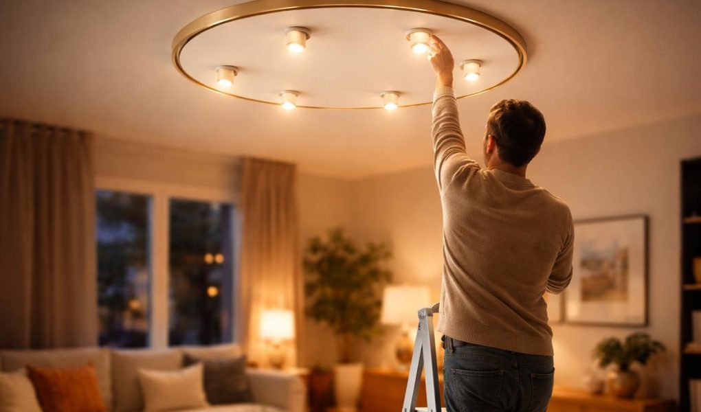 plafonnier-moderne-personne-echelle-lumiere
