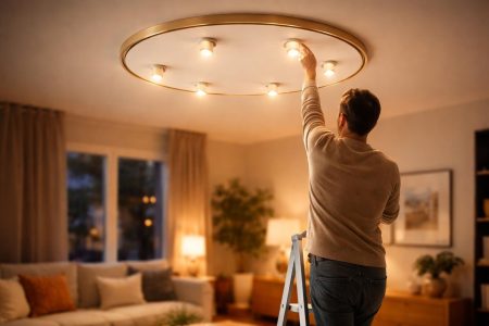 plafonnier-moderne-personne-echelle-lumiere